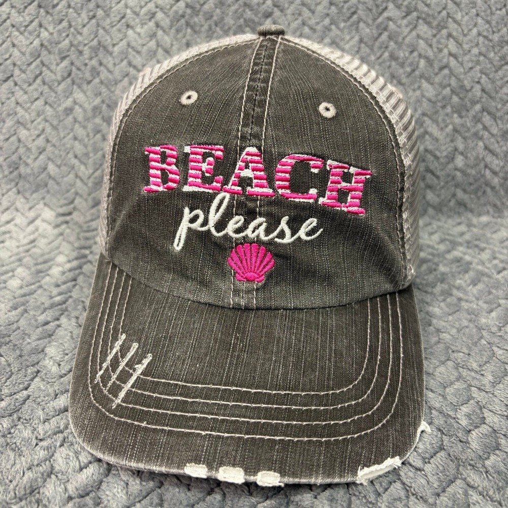 HG Trucker Hat Beach Please Womens OSFM Charcoal Grey Pink Distressed Mesh Cap
